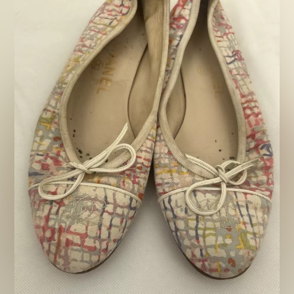 Chanel Multicolor,  Fabric CC Bow Cap Toe Ballet Flats Size 37 - Picture 2 of 3